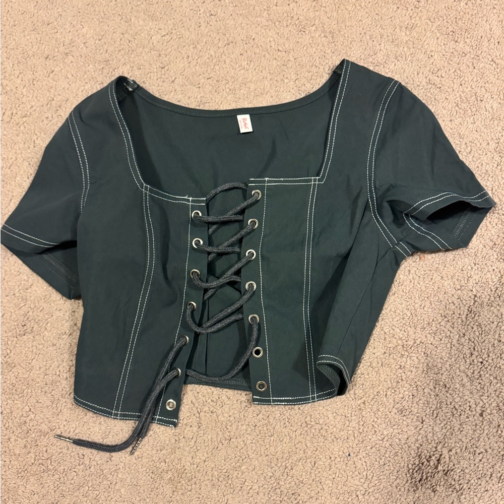 Source Unknown Green Fitted Tie Front Bodysuit